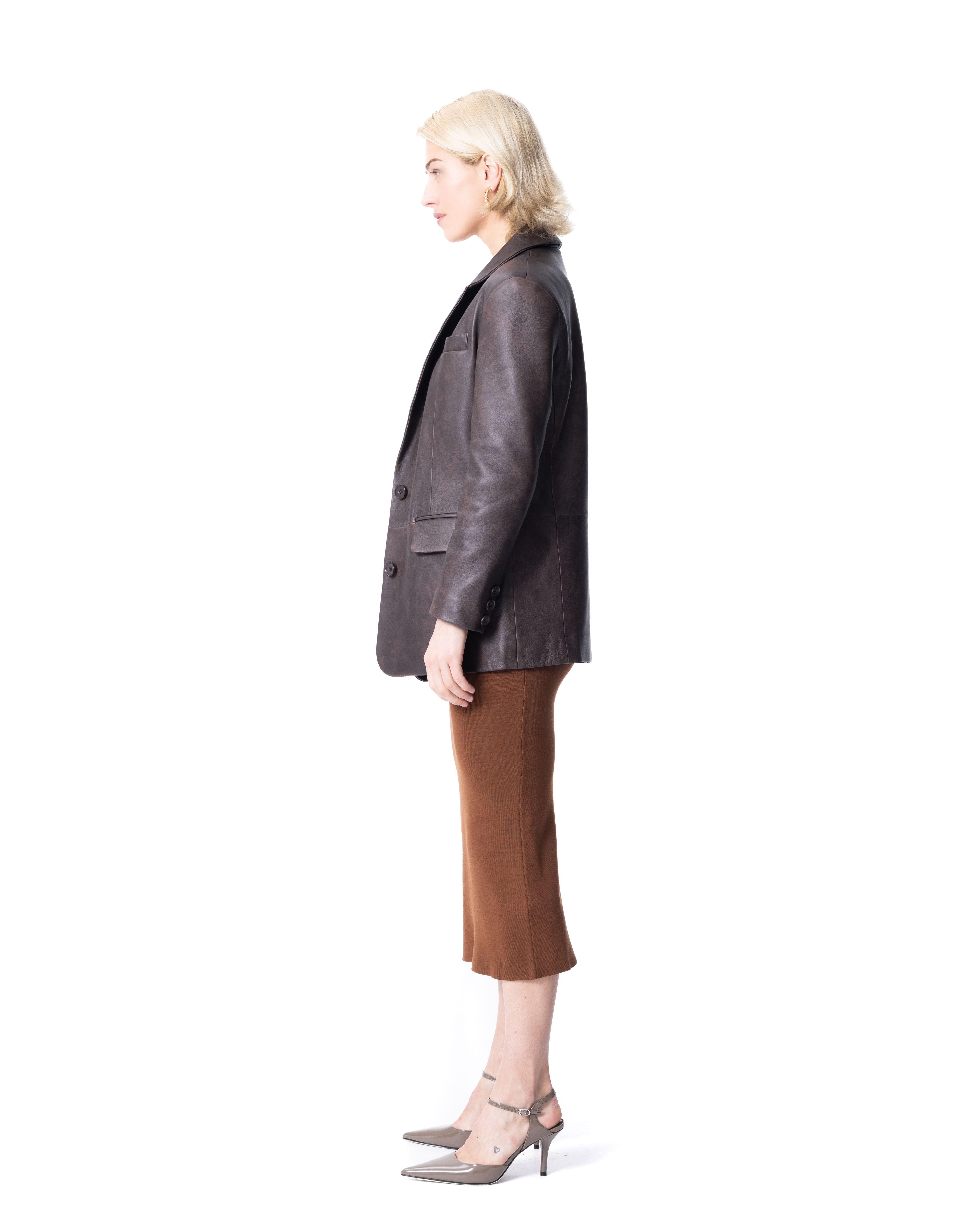 Single-Breasted Brown Leather Blazer - ASADLIE