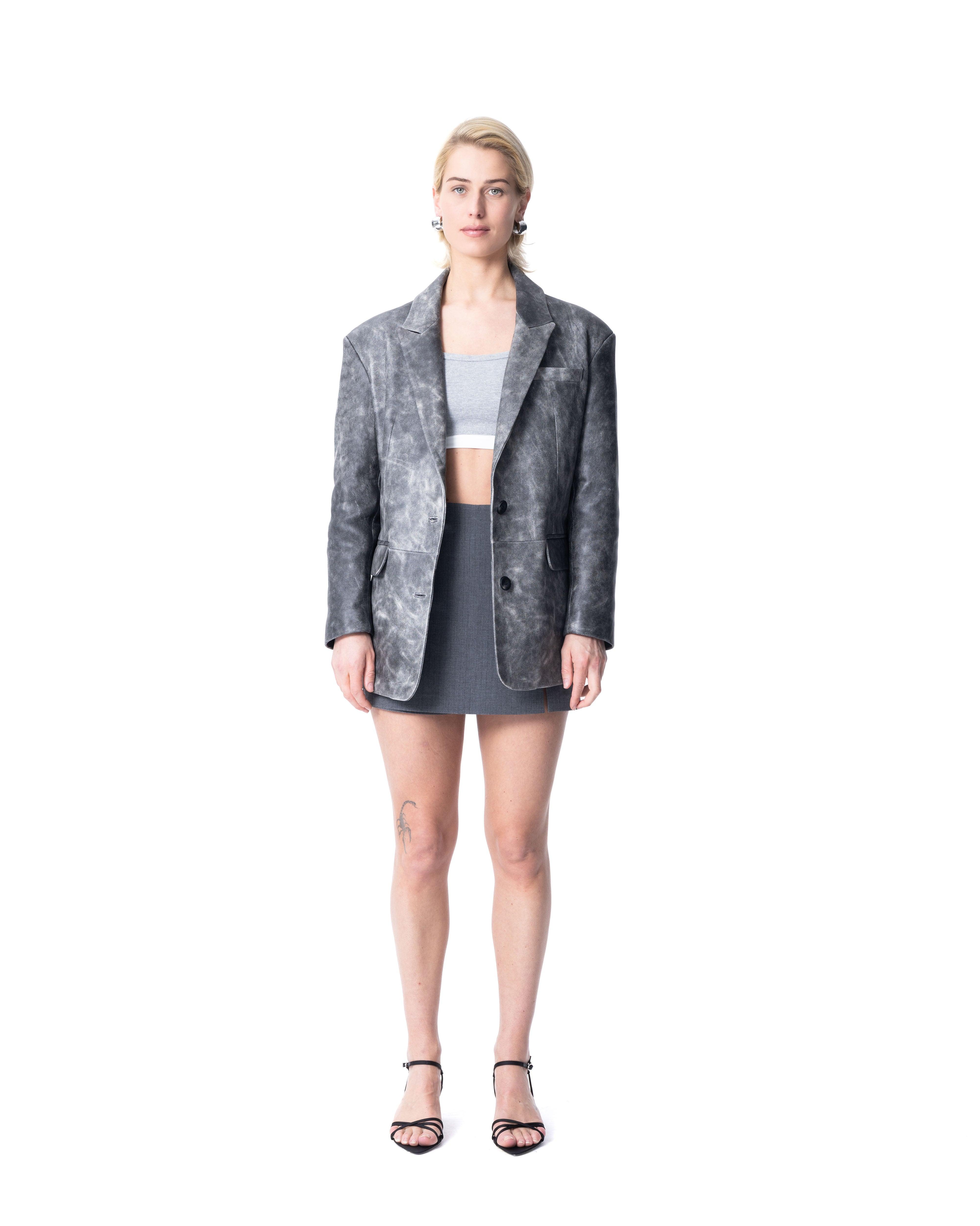 Single-Breasted Grey Leather Blazer - ASADLIE