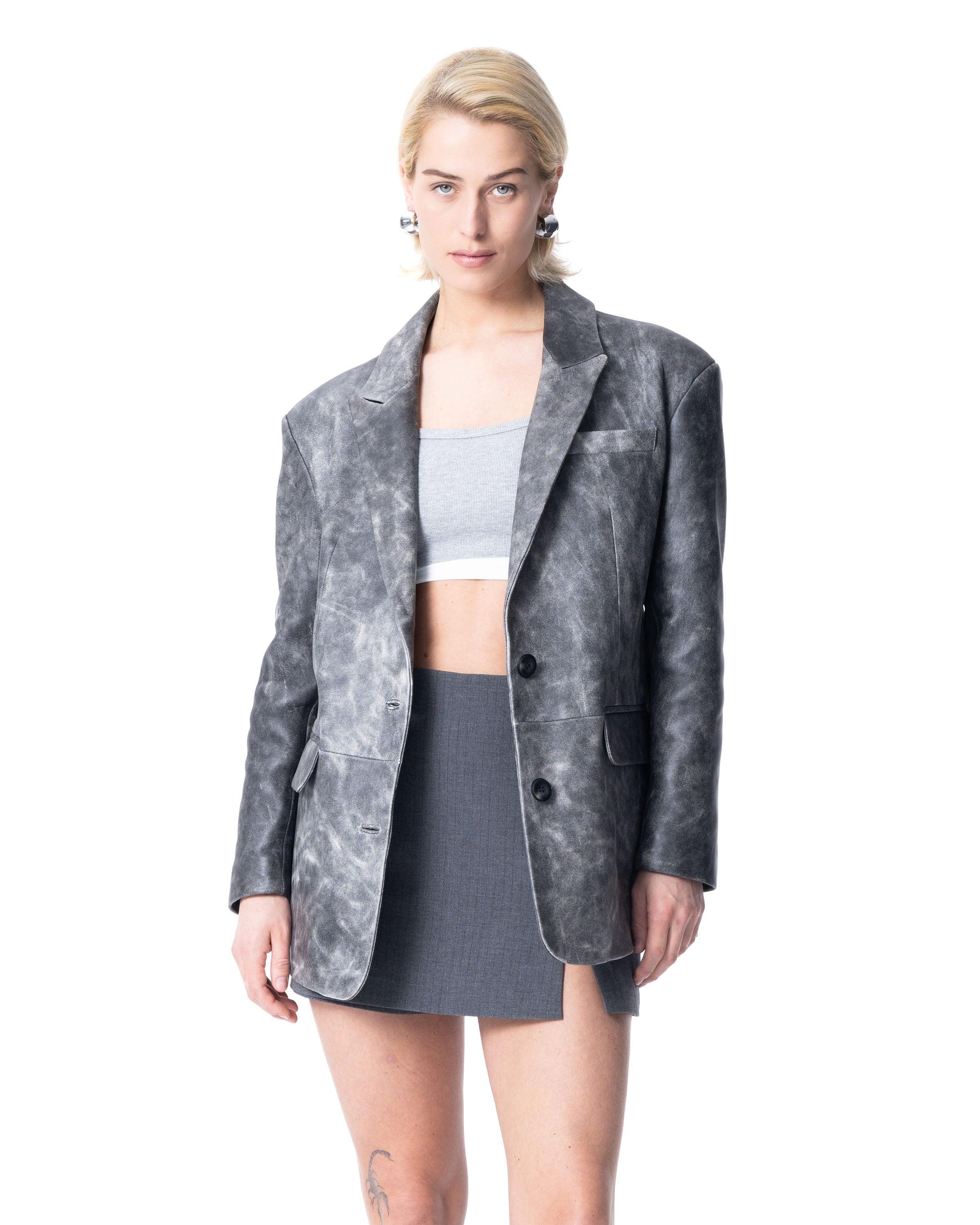 Single-Breasted Grey Leather Blazer - ASADLIE