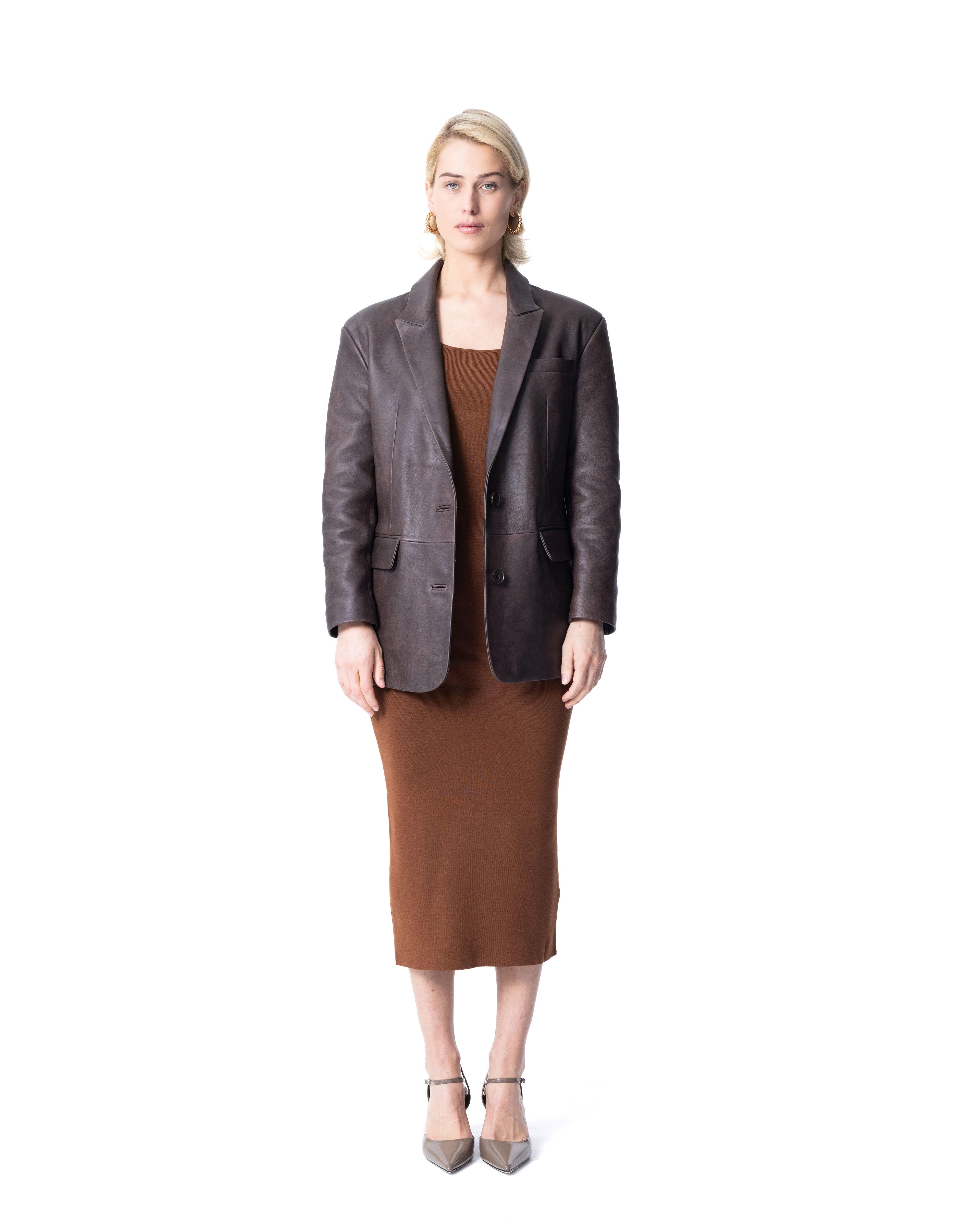 Single-Breasted Brown Leather Blazer - ASADLIE