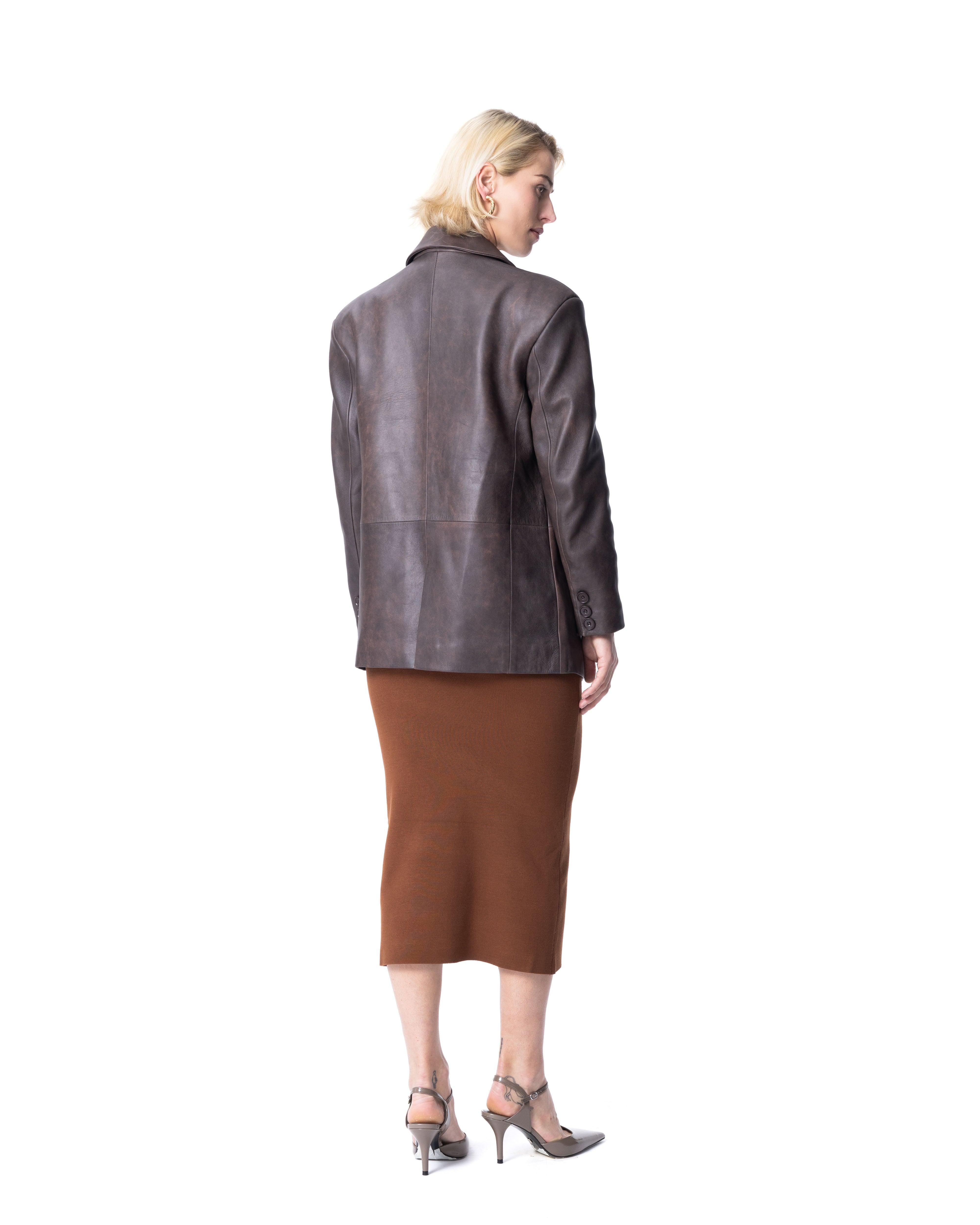 Single-Breasted Brown Leather Blazer - ASADLIE