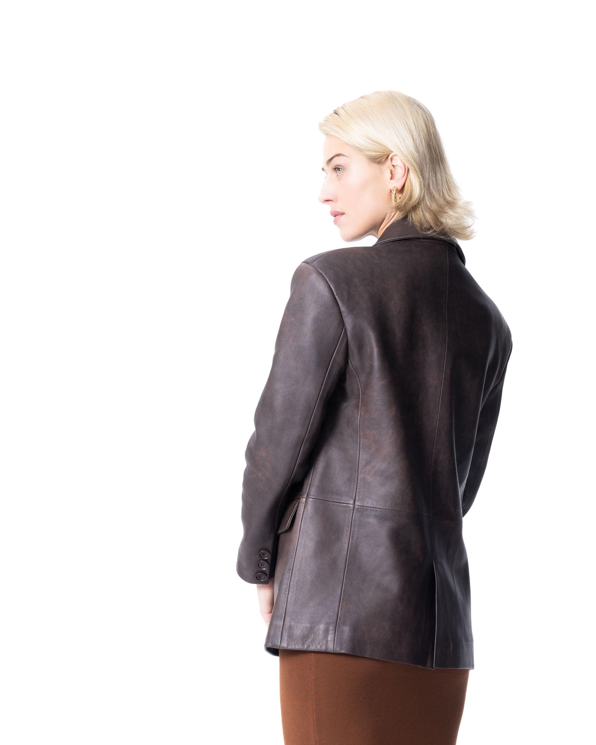 Single-Breasted Brown Leather Blazer - ASADLIE