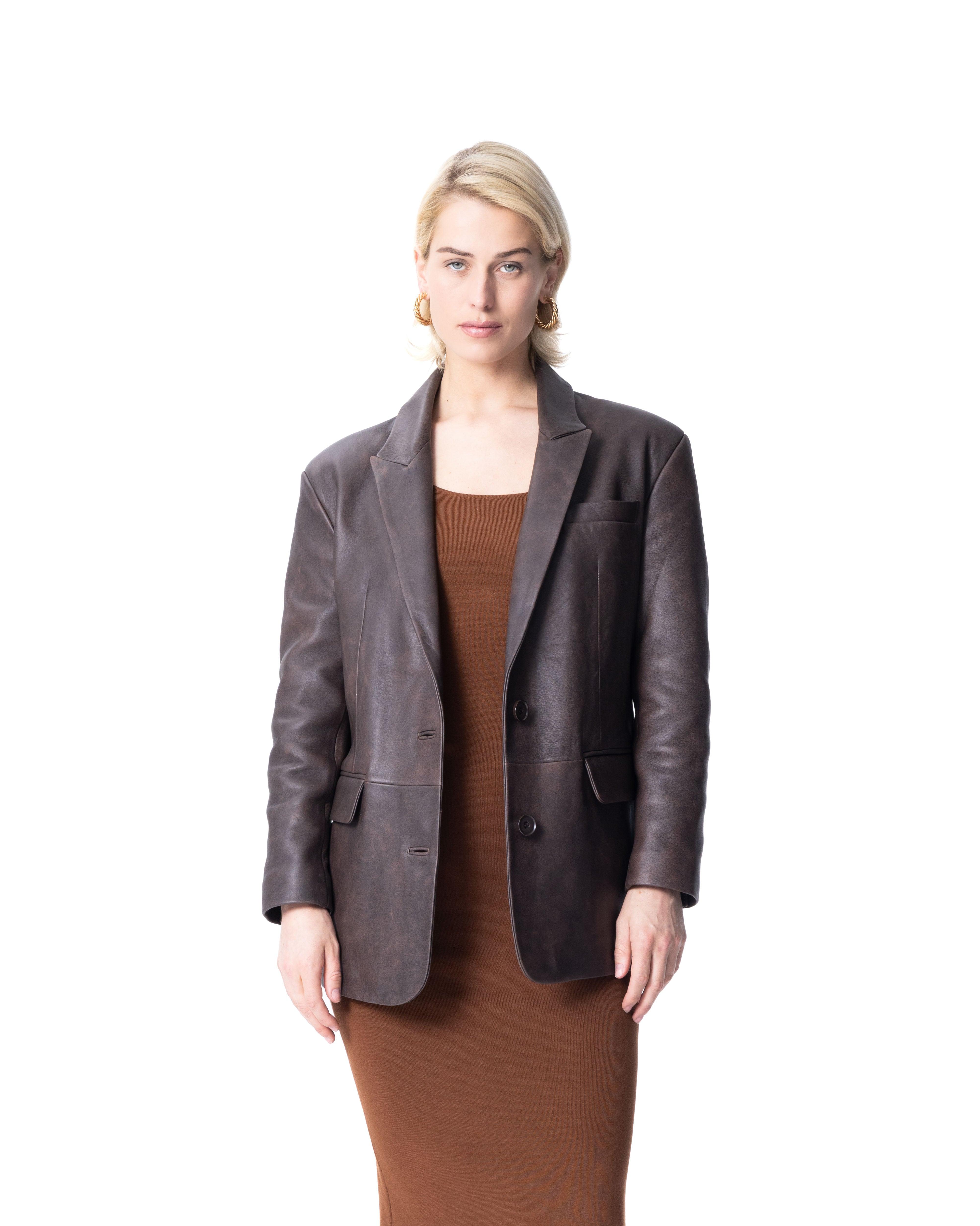 Single-Breasted Brown Leather Blazer - ASADLIE
