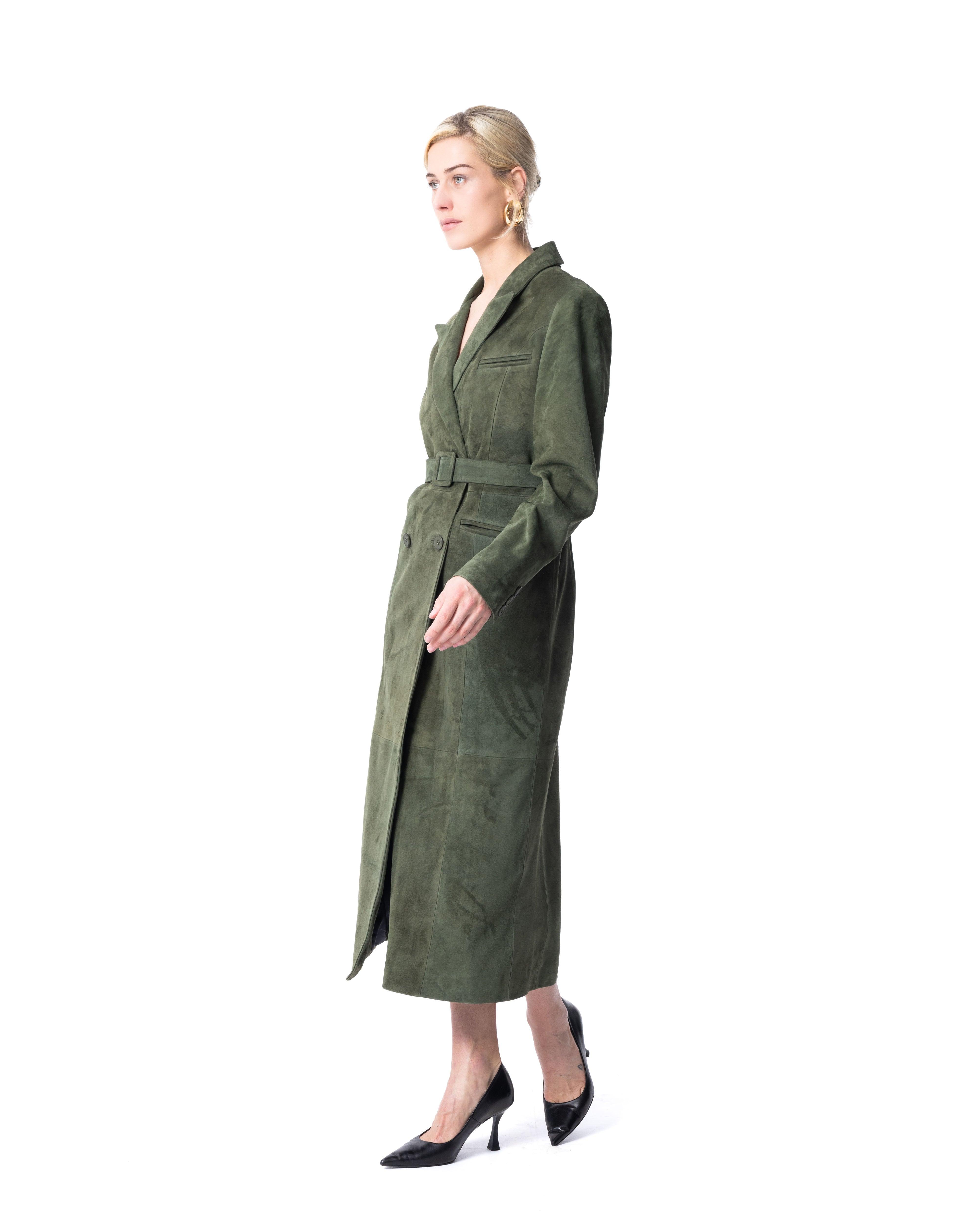 Belted Suede Trench in Moss Green - ASADLIE
