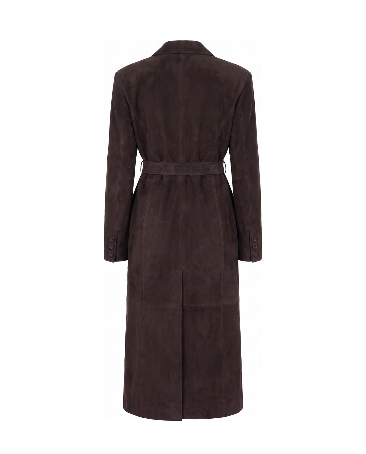 ASADLIE suède trenchcoat met ceintuur in mokkabruin, achteraanzicht met ceintuur, split aan de achterkant en knoopjes aan de manchetten
