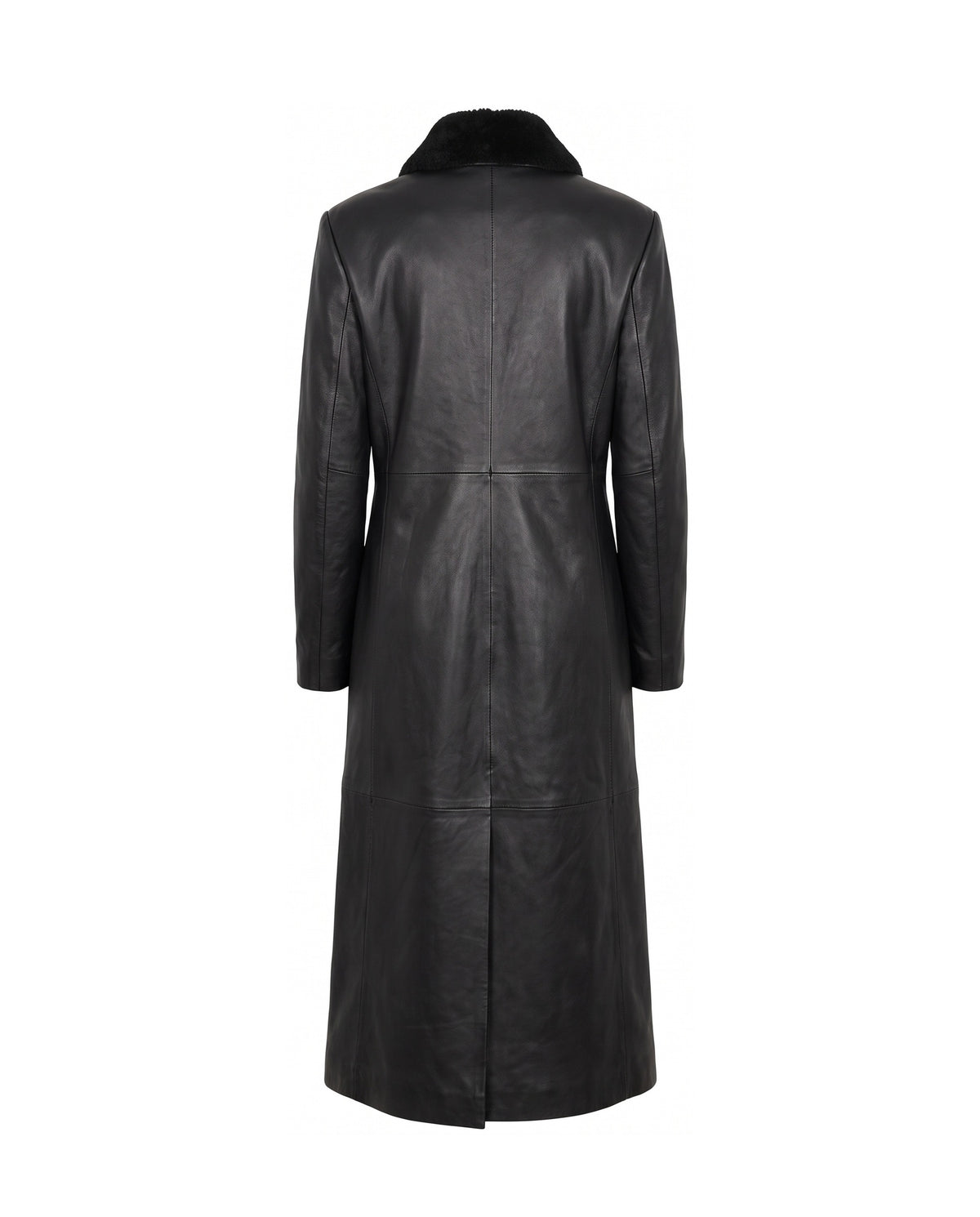 ASADLIE detachable collar leather coat in black, back view – women's long leather coat with shearling collar and back vent