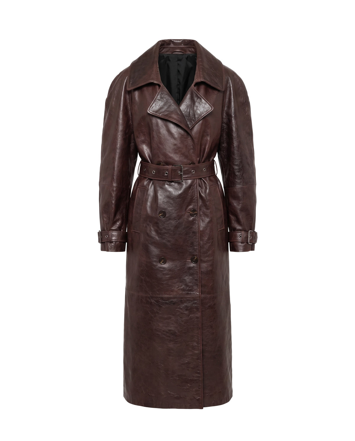 ASADLIE Burgundy Belted Trench Coat, vooraanzicht – lange oversized bordeaux leren trenchcoat voor dames met dubbele knopenrij, ceintuur met gesp en mouwbandjes