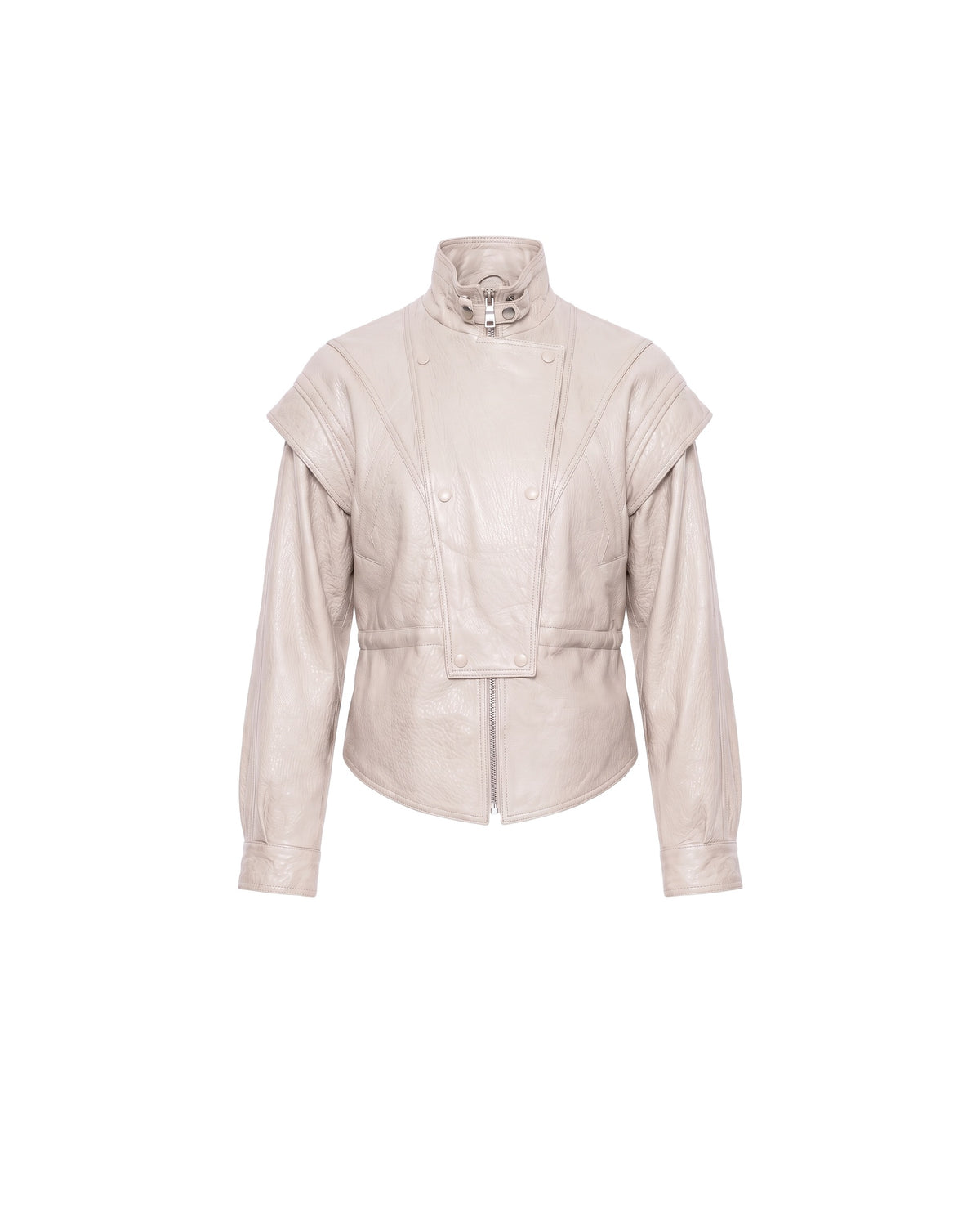 ASADLIE cropped beige leather jacket for women in light ivory, front view with stand collar, snap bib panel and sculpted shoulders