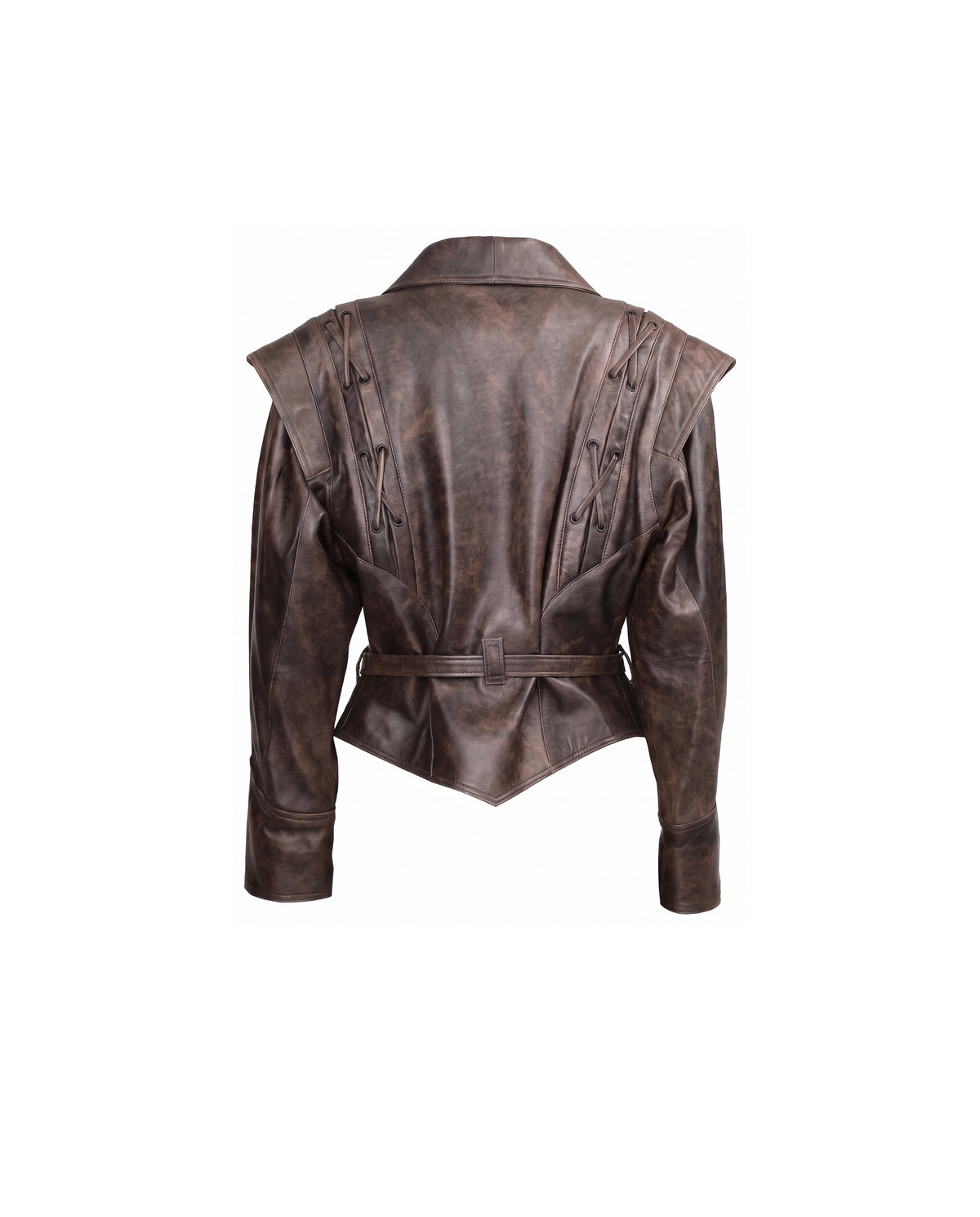 ASADLIE Kate short leather jacket in brown, back view – women's leather jacket with criss-cross lacing on the back panels, belt and pointed hem