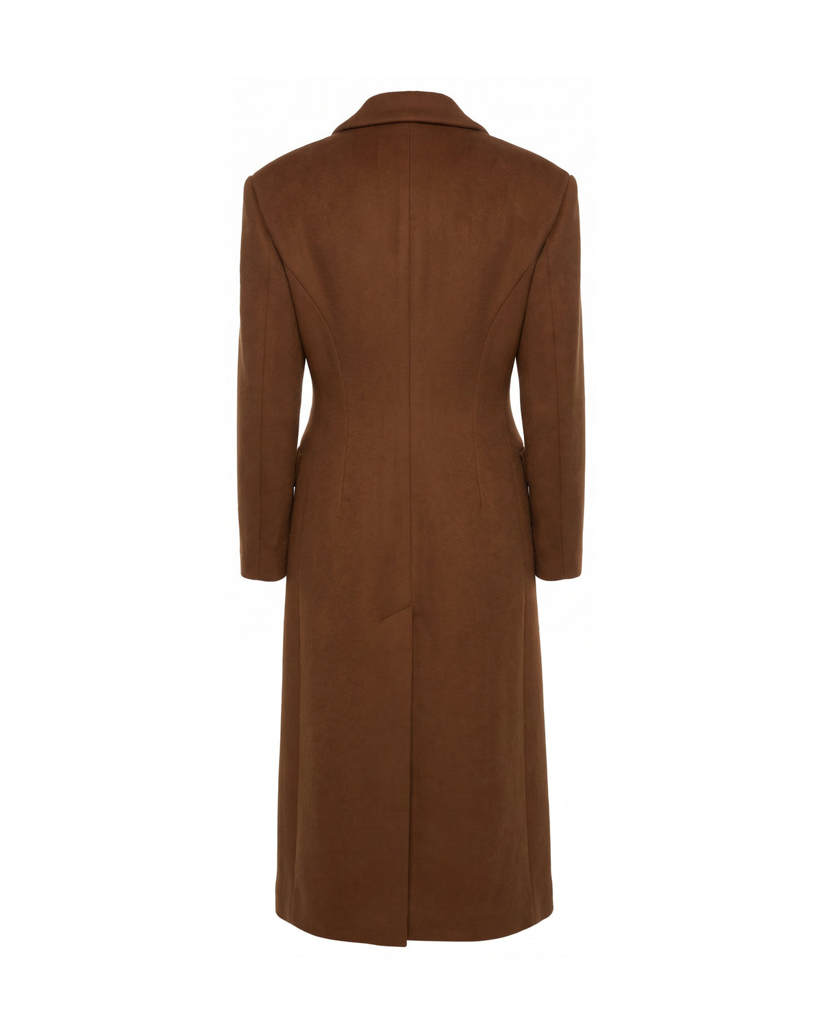 ASADLIE Ofelia wool coat in brown, back view – women's long tailored wool and alpaca coat with shaped waist and back vent