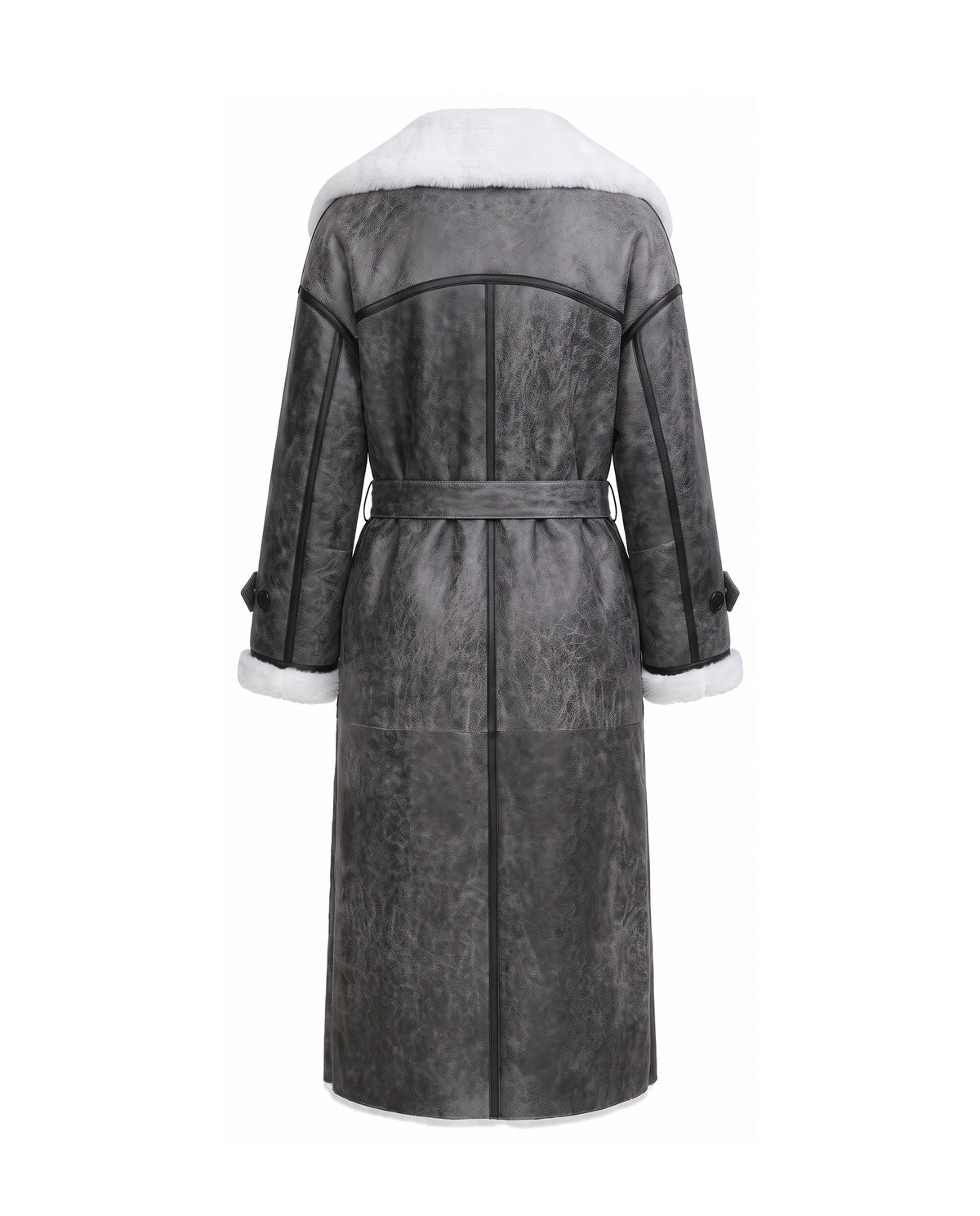 ASADLIE Olivia shearling coat, back view – women's long grey suede coat with black leather piping, white shearling collar and belt