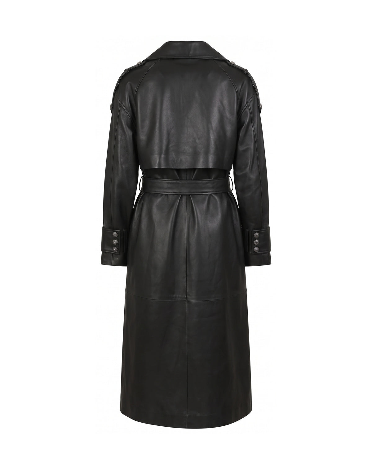 ASADLIE Victoria long leather coat in black, back view – women's leather trench coat with storm flap, epaulettes, buttoned cuff straps and belt