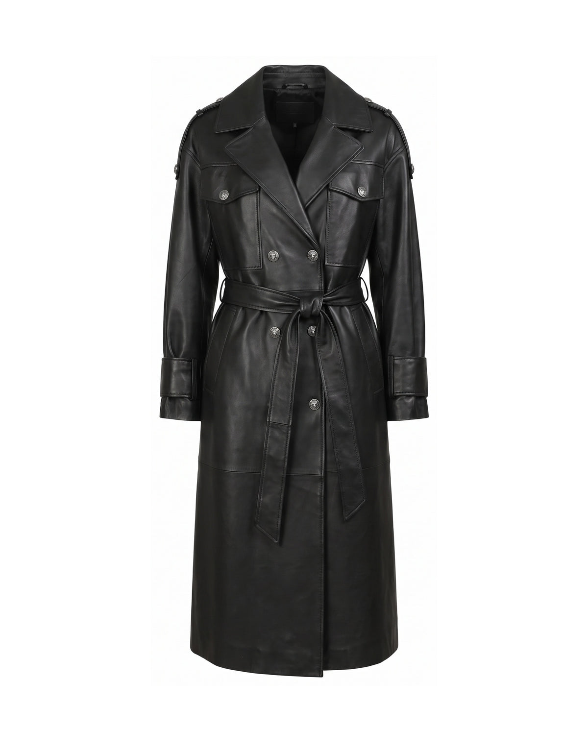 ASADLIE Victoria long leather coat in black, front view – women's double-breasted lamb leather trench coat with silver lion-head buttons, chest pockets and tie belt