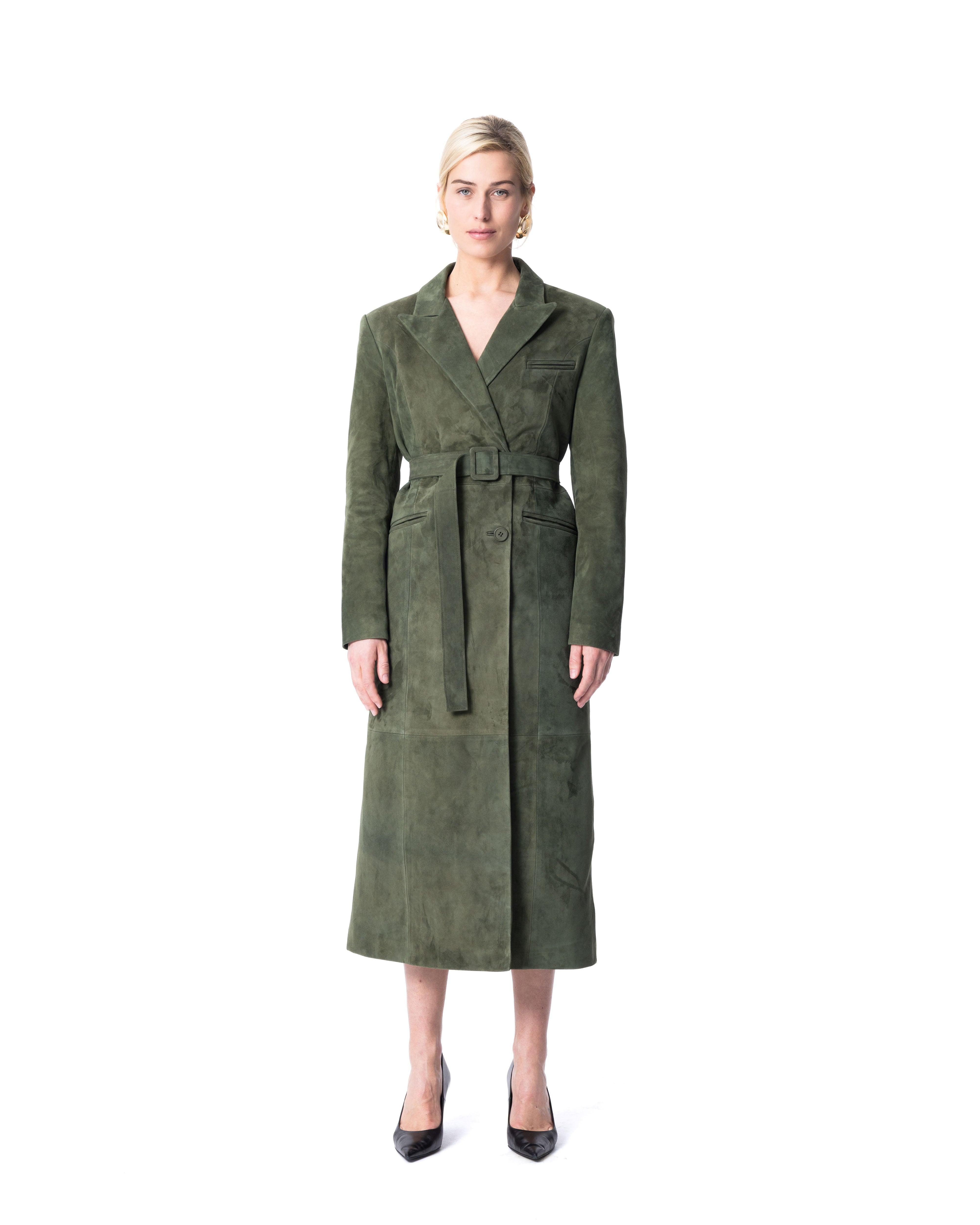 Belted Suede Trench in Moss Green - ASADLIE
