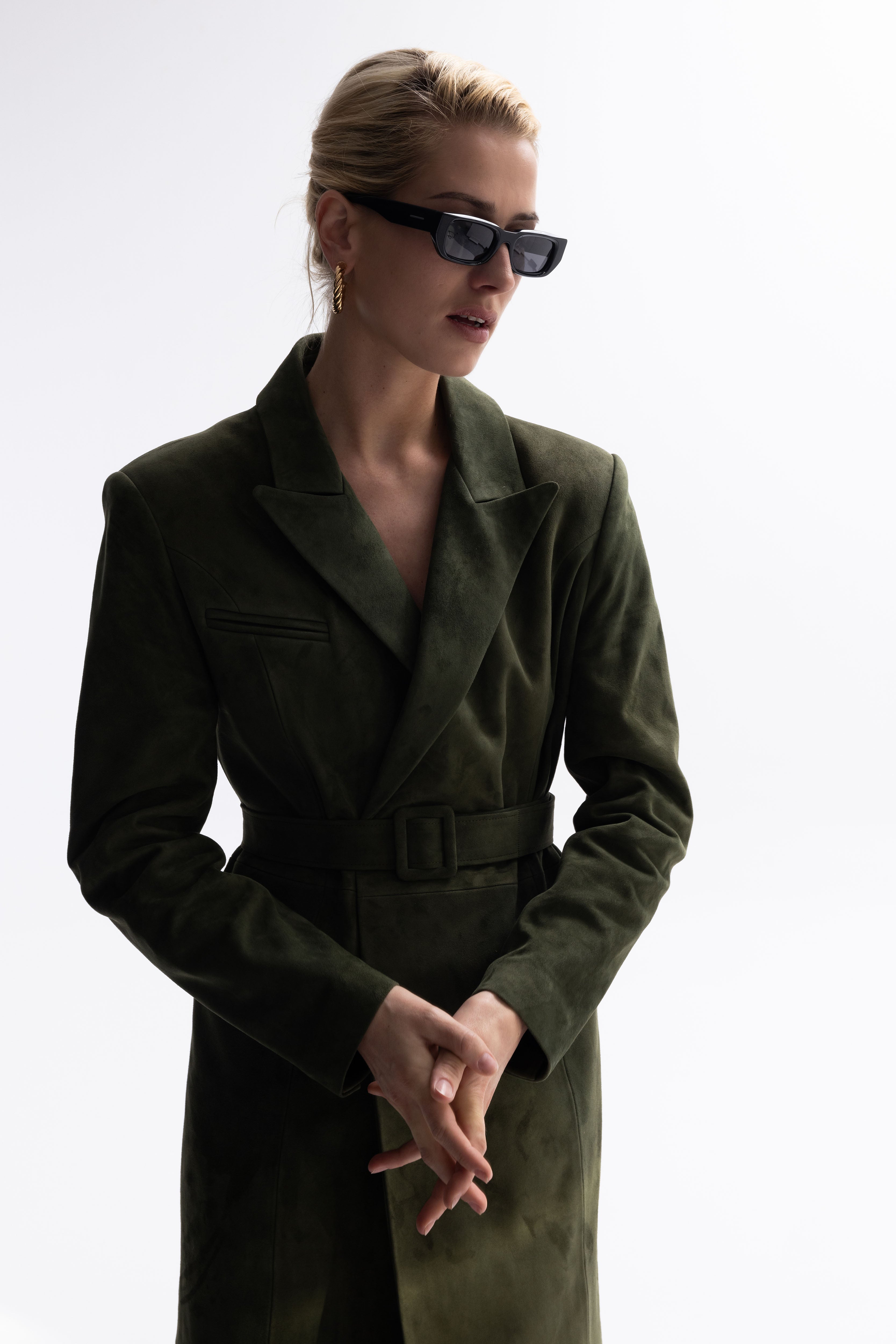 Suede Trench Coat in Moss Green Color