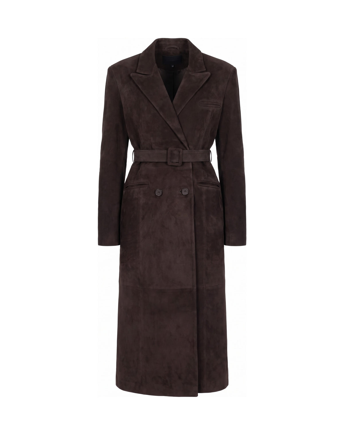 ASADLIE belted suede trench coat in mocha brown, front view: women's long double-breasted suede coat with peak lapels and matching suede belt