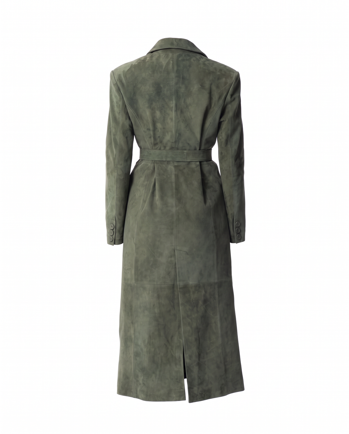 ASADLIE belted suede trench coat in moss green, back view – women's long suede leather trench coat with back slit and suede belt