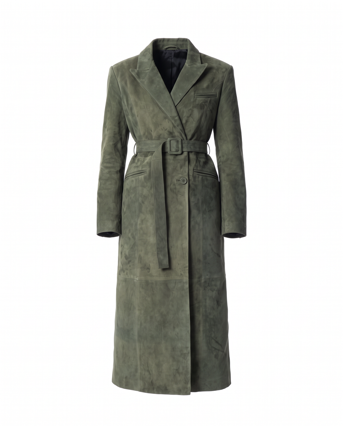 ASADLIE belted suede trench coat in moss green, front view – women's long double-breasted suede leather trench coat with peak lapels and suede belt