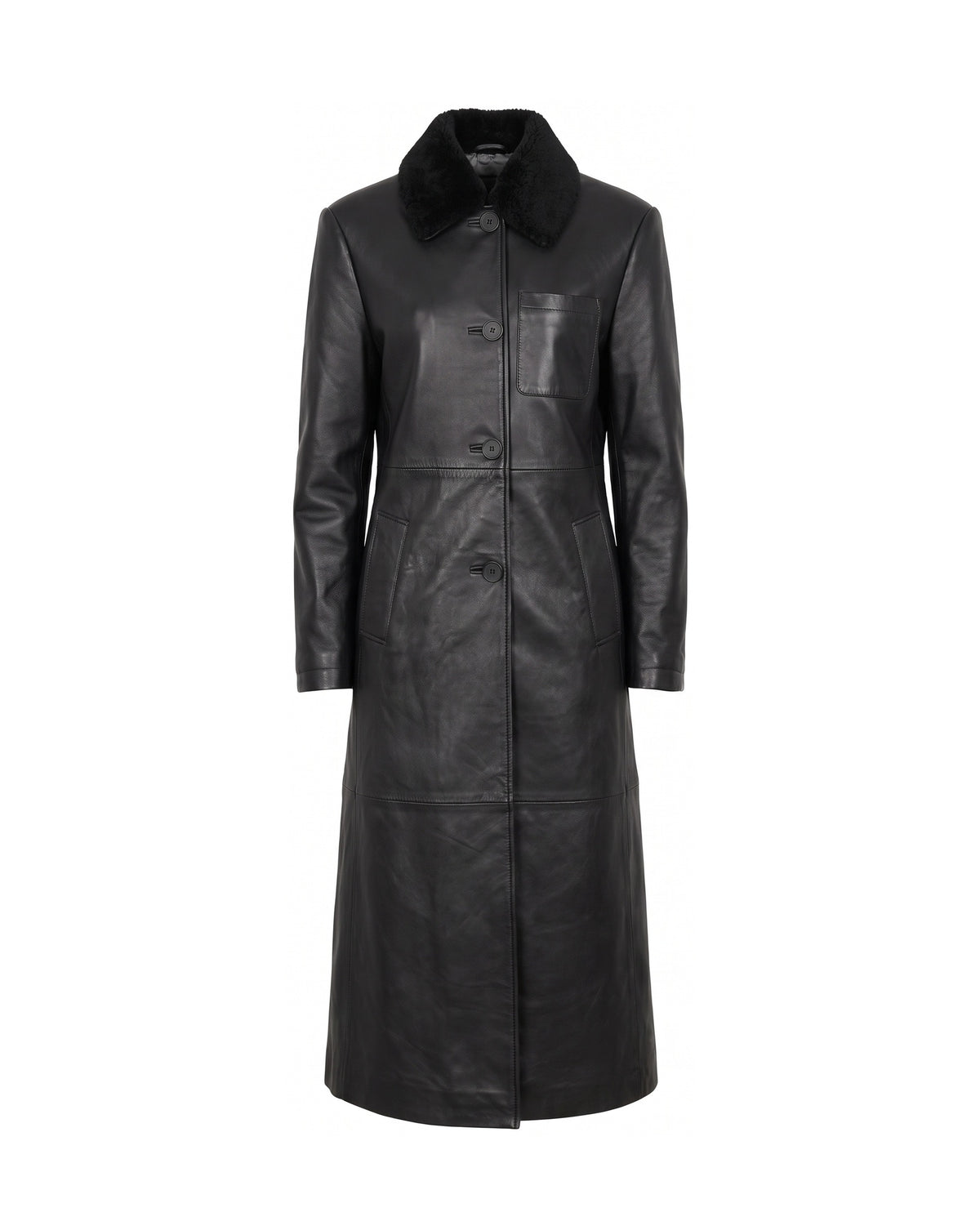 ASADLIE detachable collar leather coat in black, front view – women's long single-breasted leather coat with black shearling collar