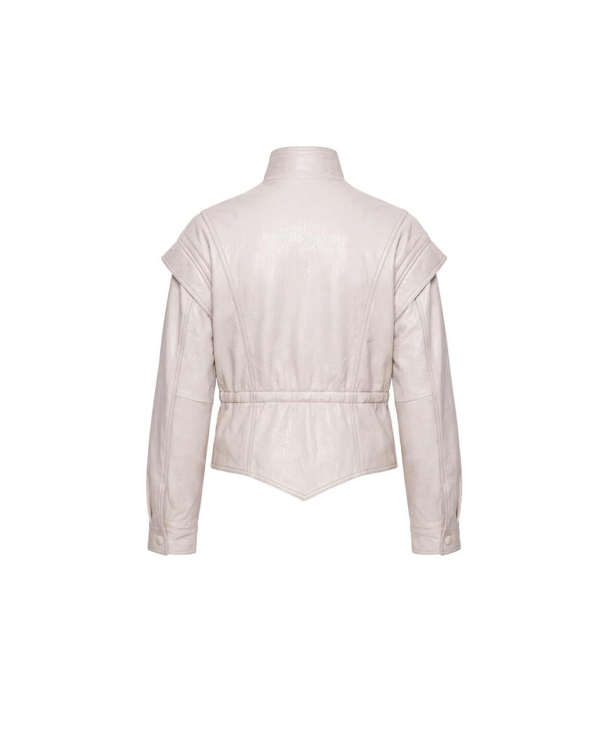 ASADLIE cropped beige leather jacket for women in light ivory, back view with gathered waist and pointed V hem