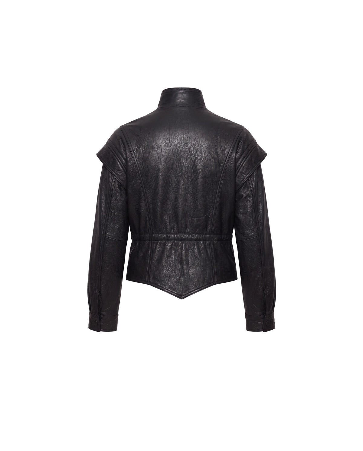 ASADLIE cropped black leather jacket for women, back view with gathered waist and pointed V hem