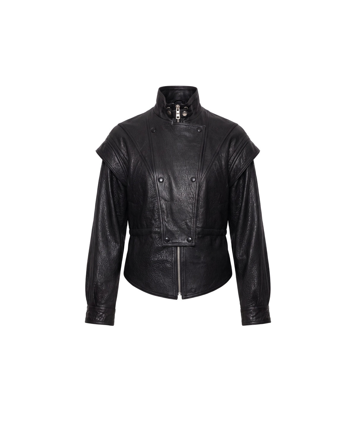 ASADLIE cropped black leather jacket for women, front view with stand collar, snap bib panel and sculpted shoulders