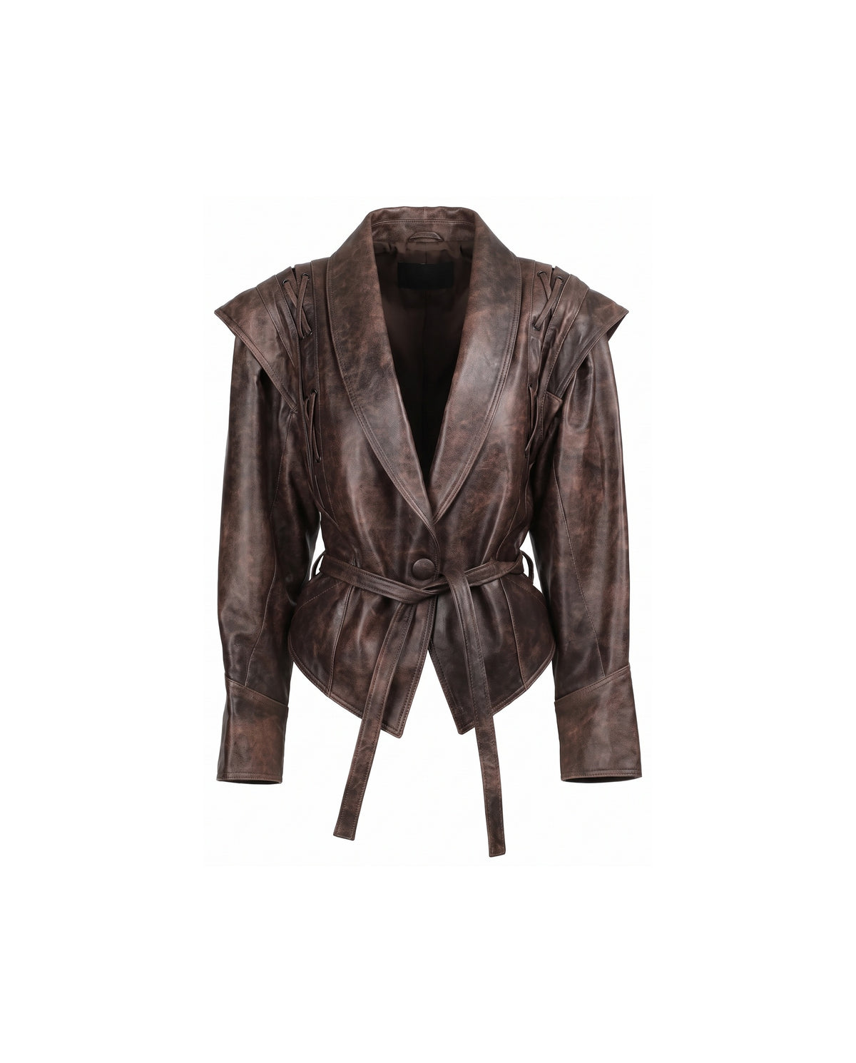 ASADLIE Kate short leather jacket in brown, front view – women's vintage-effect lamb leather jacket with lace-up shoulder panels, shawl collar and tie belt
