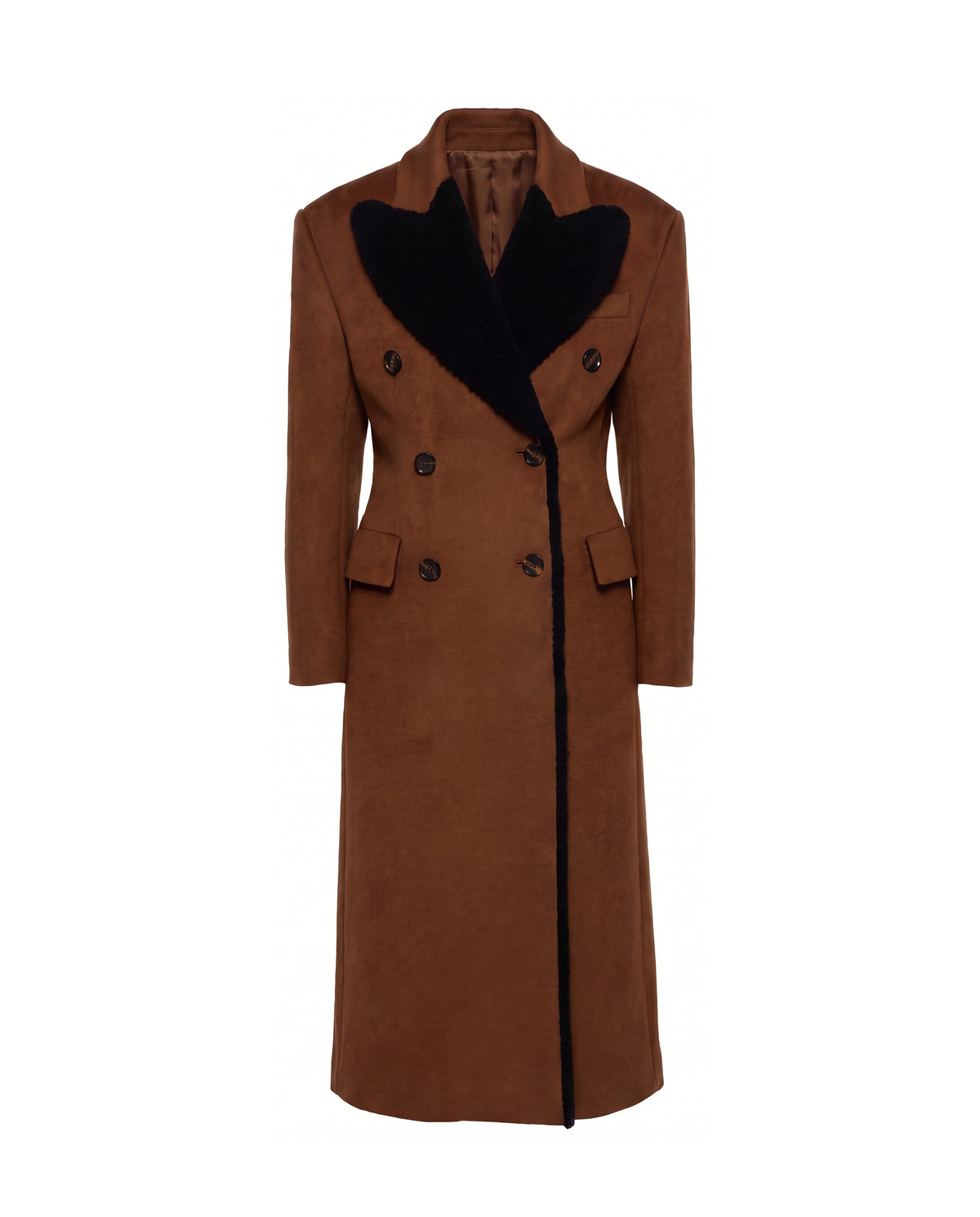 ASADLIE Ofelia wool coat in brown, front view – women's long double-breasted wool and alpaca coat with black lamb shearling lapels and horn buttons