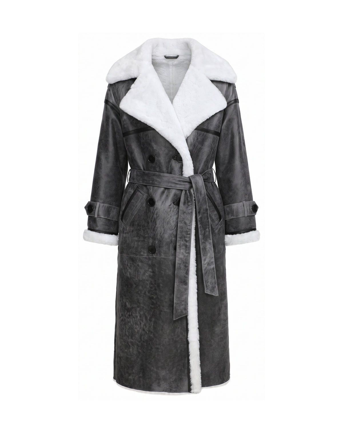ASADLIE Olivia shearling coat, front view – women's long double-breasted grey suede coat with white shearling collar, cuffs and suede belt