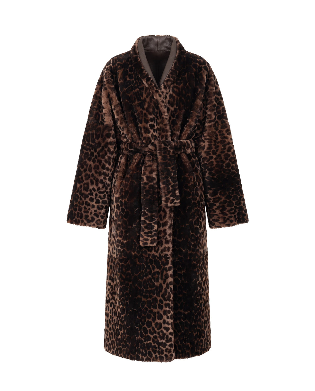 ASADLIE Reversible Leopard Shearling Coat, vooraanzicht – lange oversized lammy wikkeljas met luipaardprint voor dames, met sjaalkraag en strikceintuur